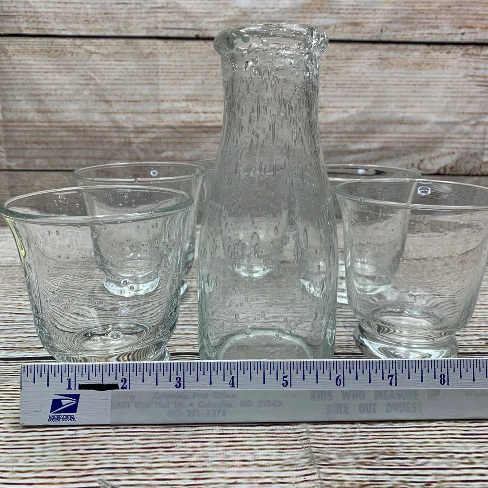 Clear Glass Bubble Decanter Carafe and 5 Tumbler Glasses Bulicante‎ Set